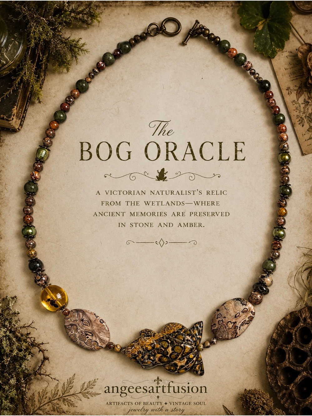 “The Bog Oracle”-OOAK Leopard Jasper Frog Necklace